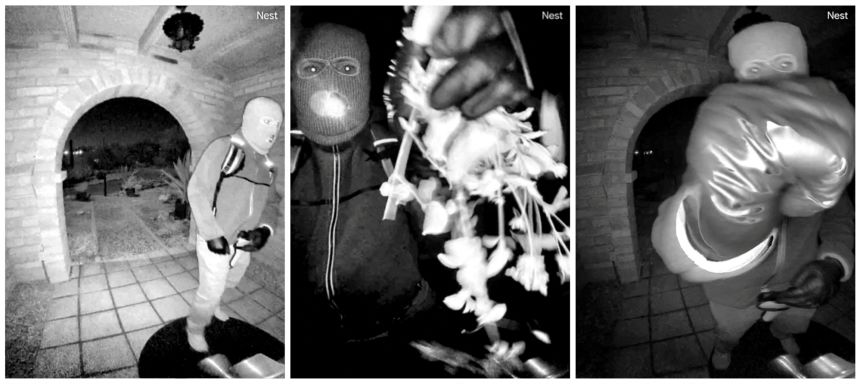 A combination of images captured by a security camera show what the FBI describes as an armed individual appearing to have tampered with the camera at Nancy Guthrie's front door the morning of her disappearance on February 1.