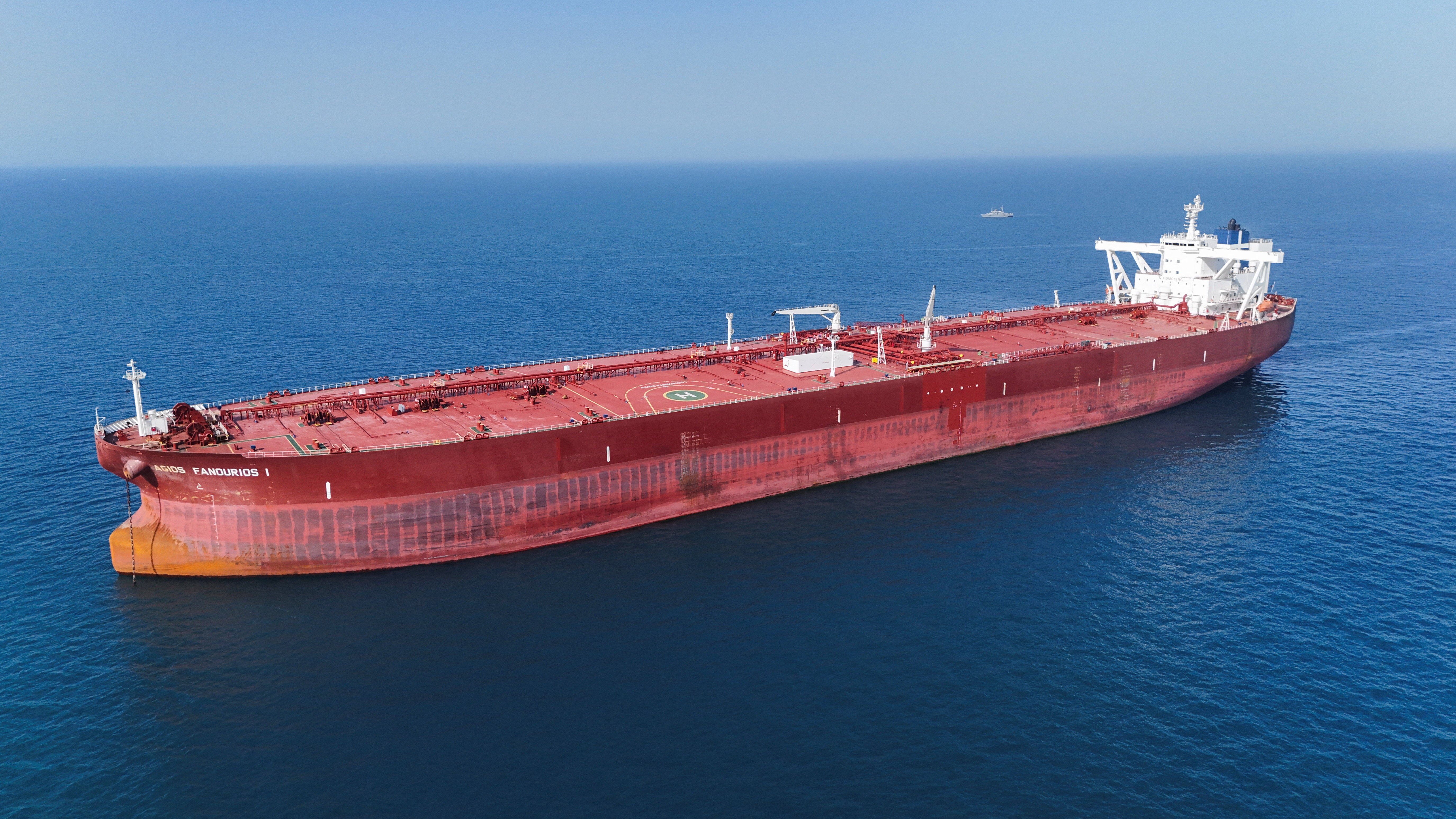 A drone view shows the Malta-flagged tanker Agios Fanourios I, an oil tanker that sailed through the Strait of Hormuz, arriving in Iraq’s territorial waters off Basra, Iraq, April 17