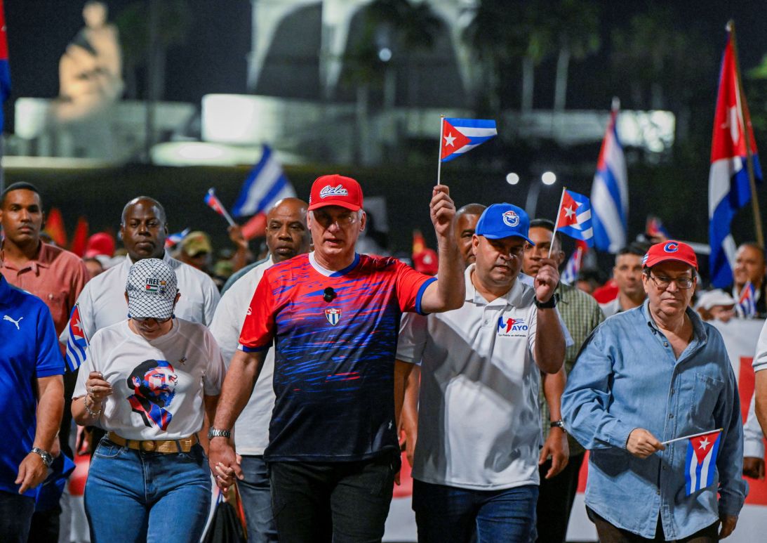 Cuba's President Miguel Diaz-Canel marches in a May Day parade, in Havana, Cuba, on May 1, 2026.