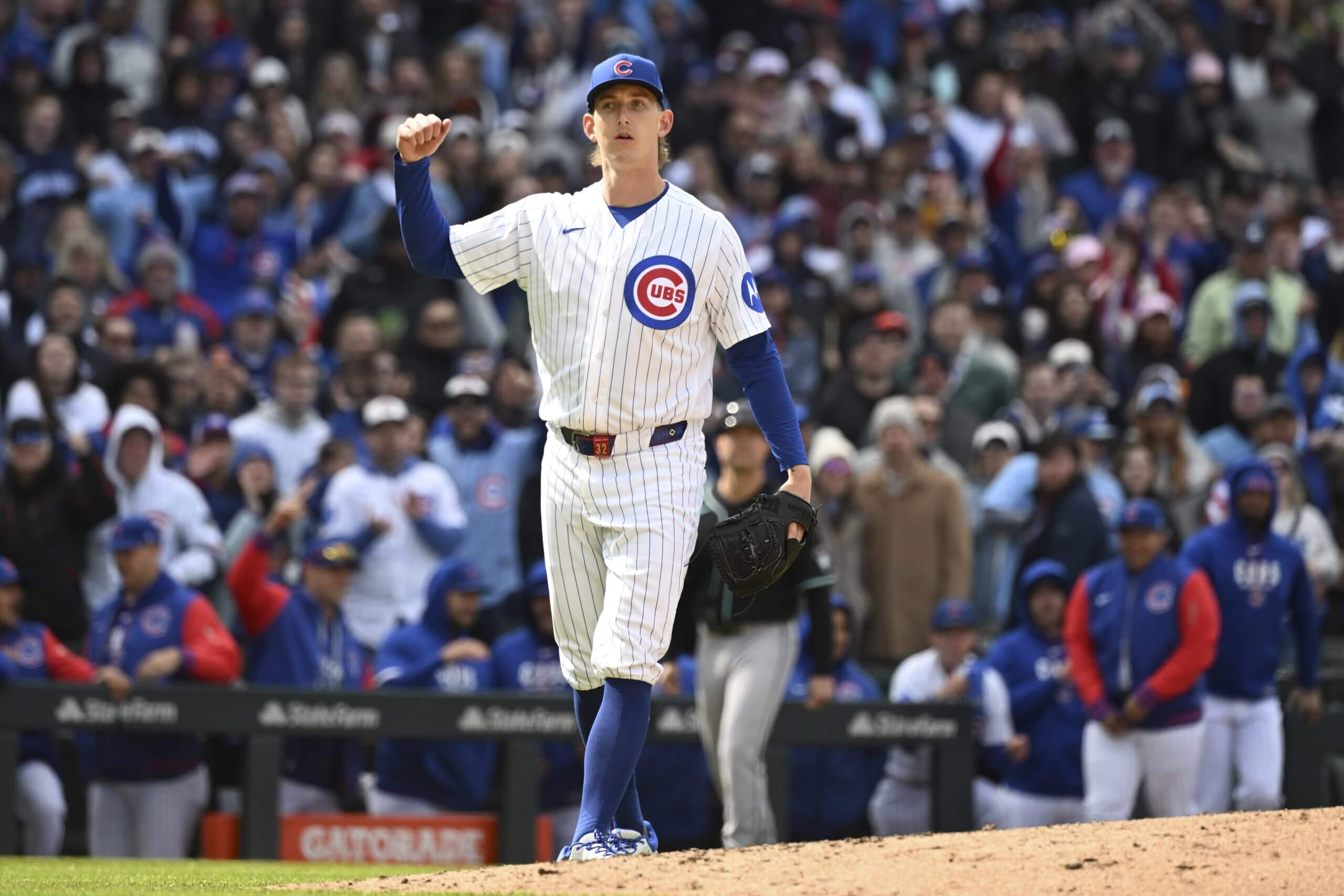 Ben Brown pumps his arm in front of the mound after a game against the Diamondbacks at Wrigley Field.