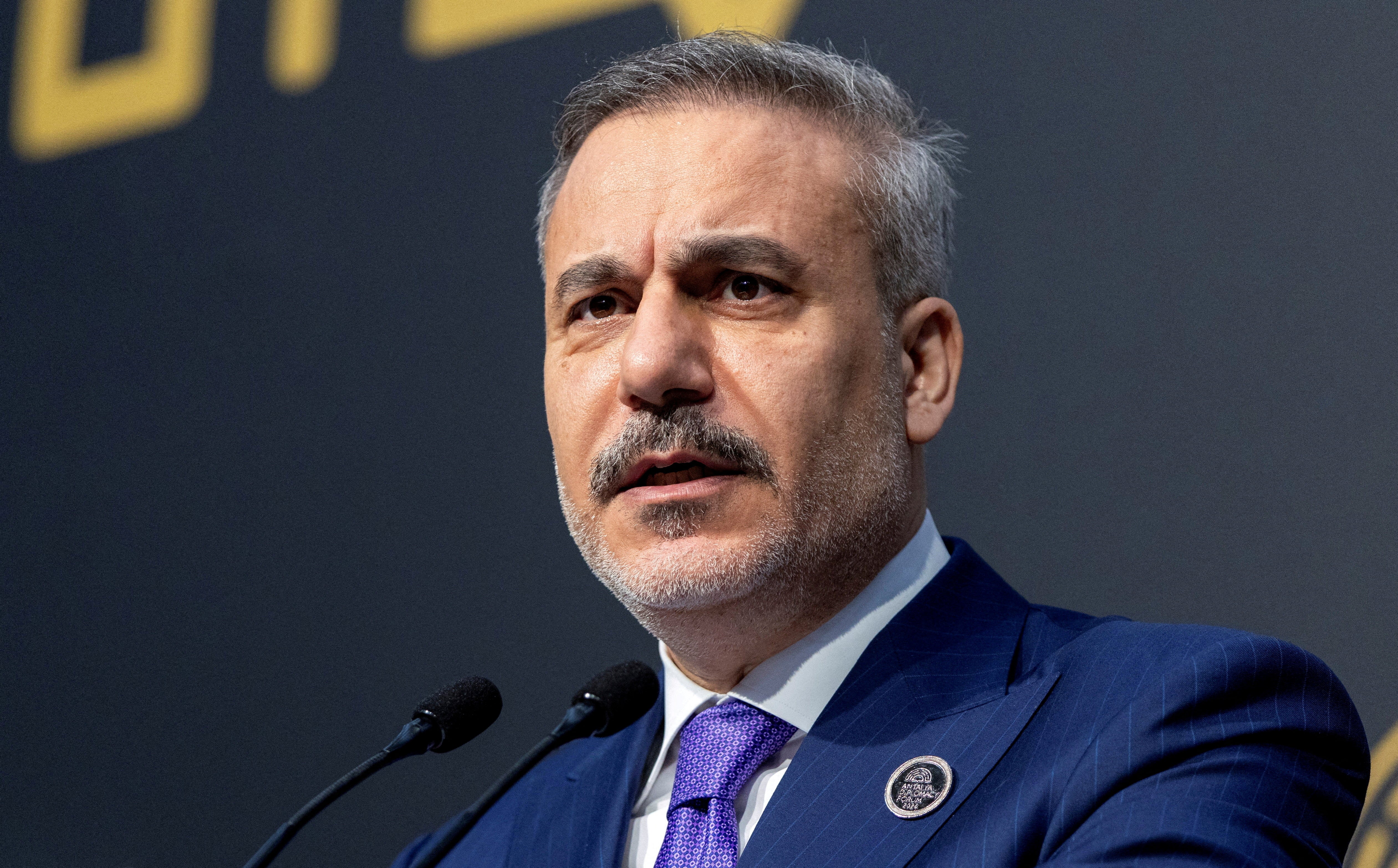 Turkey's Foreign Minister Hakan Fidan speaks to reporters at Antalya Diplomacy Forum in Antalya, Turkey, April 19