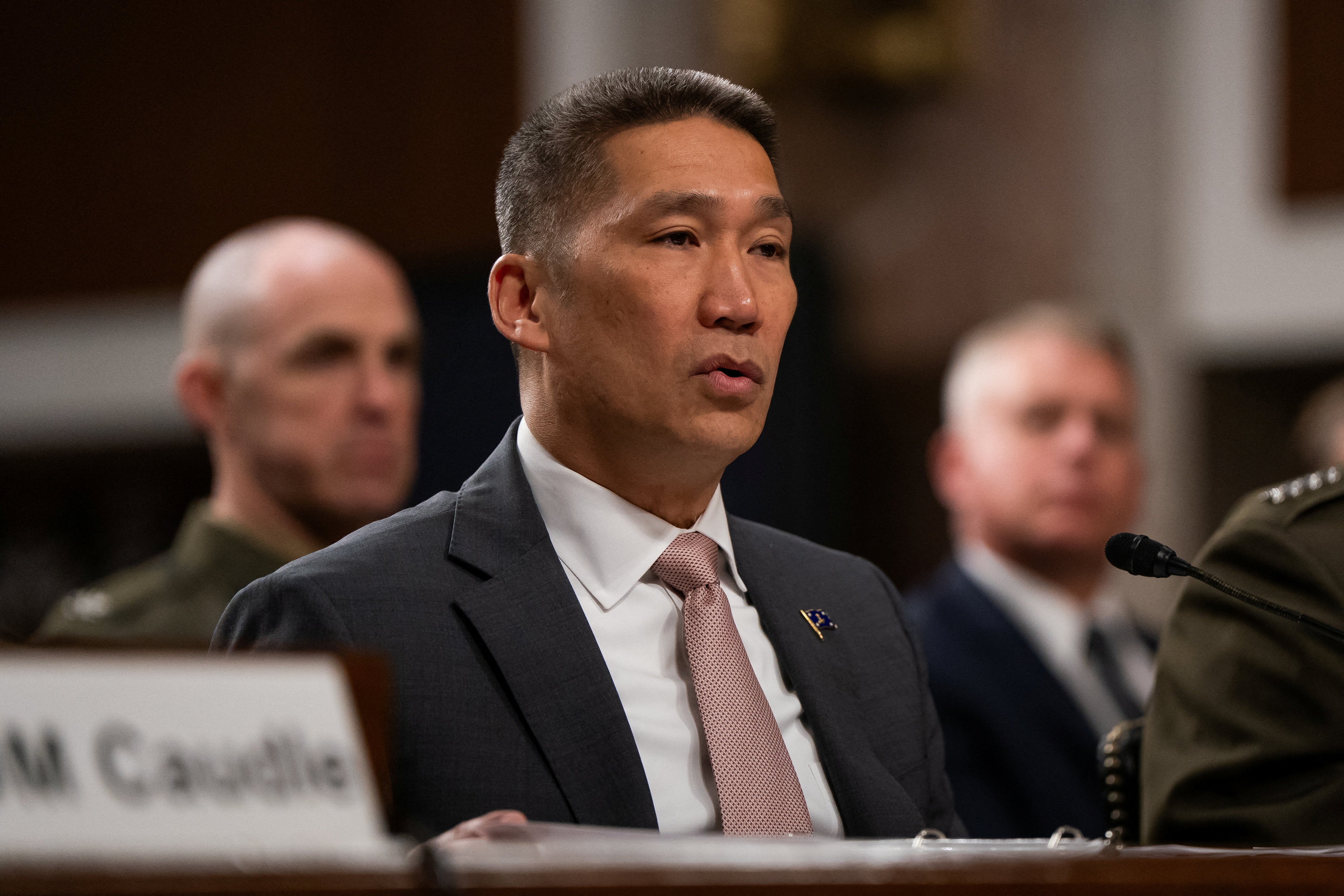 US acting secretary of the navy Hung Cao speaks during a US Senate Armed Services Committee hearing regarding the Defense Authorization Request for Fiscal Year 2027 and the Future Years Defense Program, on Capitol Hill in Washington