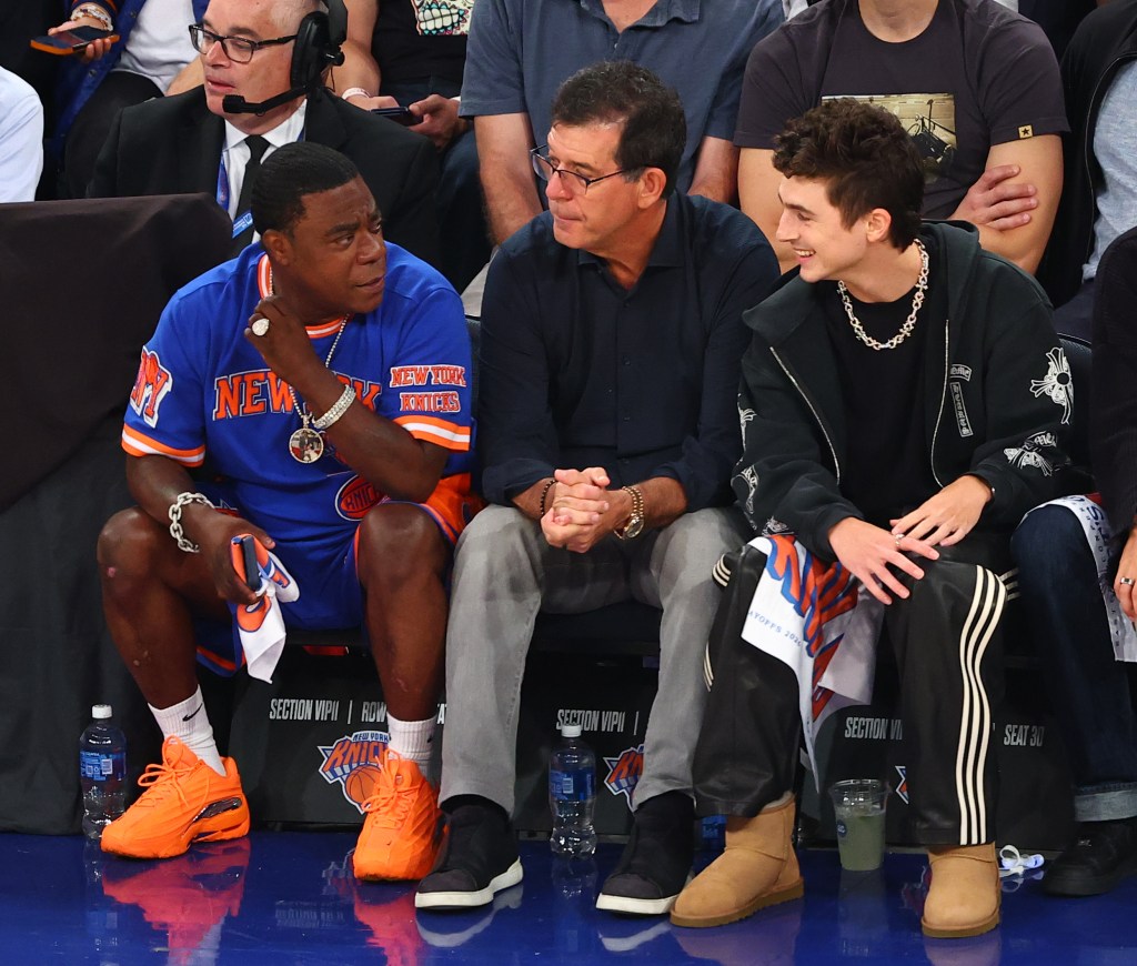 Tracy Morgan and Timothée Chalamet attend the NBA Eastern Conference Finals between the New York Knicks and Cleveland Cavaliers