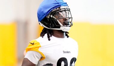 A different kind of catcher, the Steelers’ Brandon Johnson didn’t follow in his famous father’s footsteps
