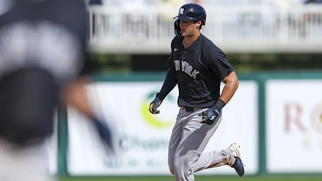 Spencer Jones runs the bases after hitting a home run against the Minnesota Twins in the fifth inning during spring training at Lee Health Sports Complex/Hammond Stadium