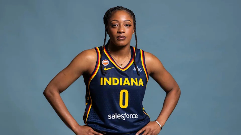 Indiana Fever guard Kelsey Mitchell poses for a photo during WNBA media dayGrace Smith/IndyStar / USA TODAY NETWORK via Imagn Images