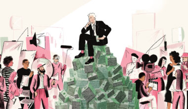 A man in a suit sitting atop a pile of cash, surrounded by cast and crew of a film production