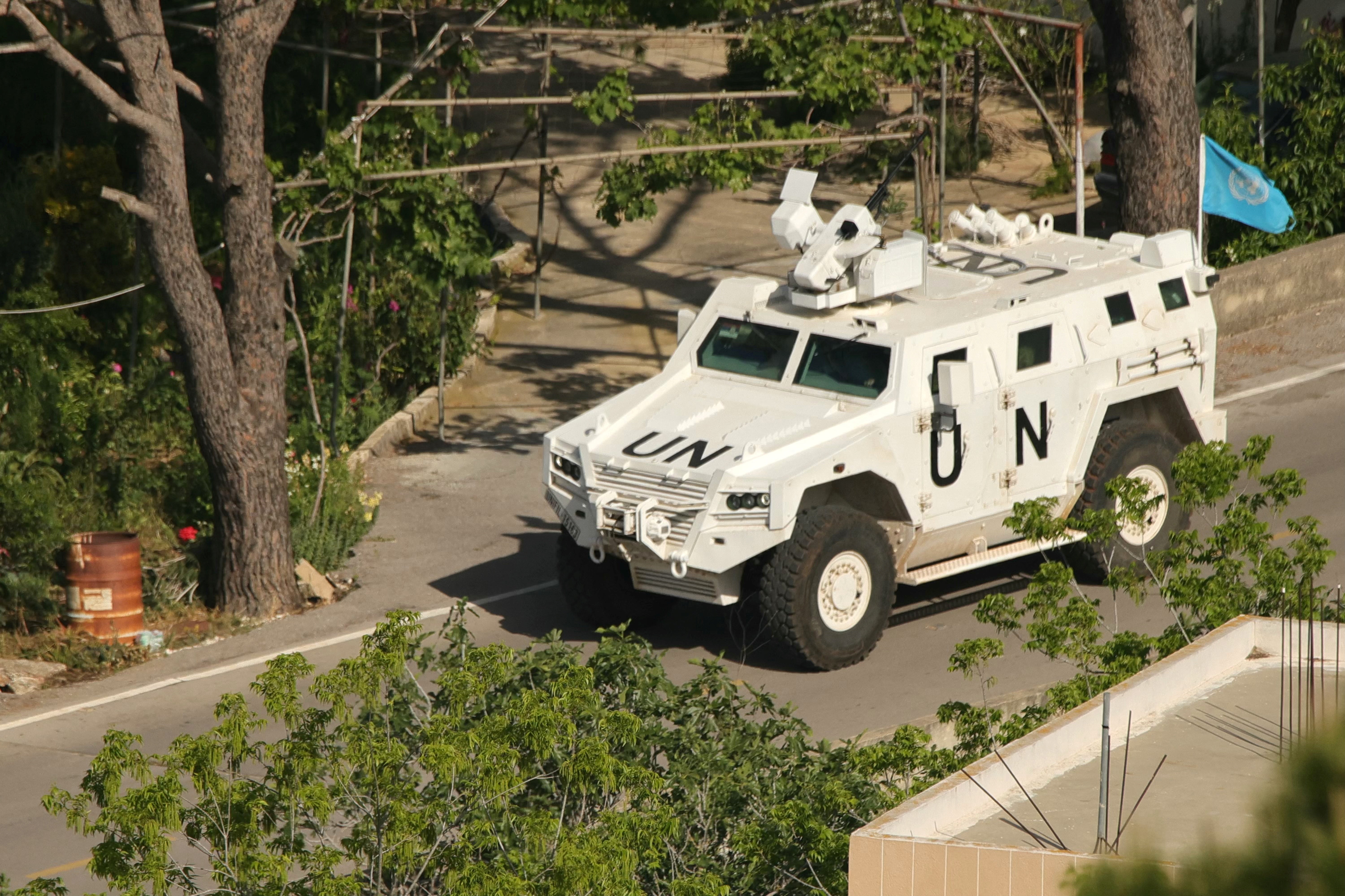 An United Nations Interim Force in Lebanon (UNIFIL) armoured vehicle armored vehicle patrols the southern Lebanese border area of Marjayoun