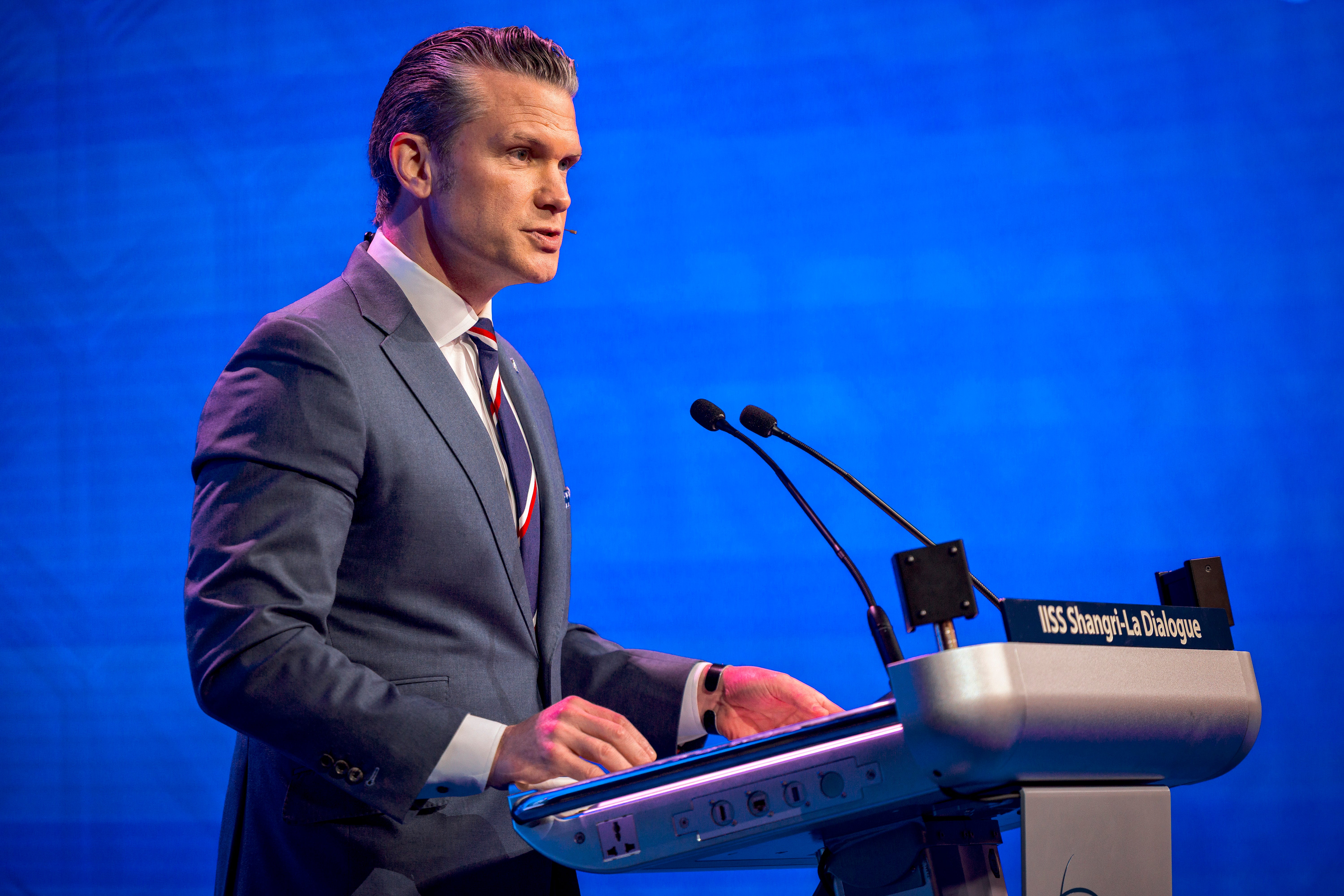 US secretary of war Pete Hegseth speaks during the 23rd IISS Shangri-La Dialogue in Singapore