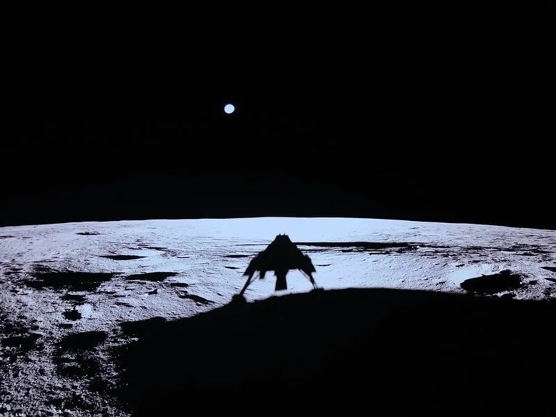 Firefly's Blue Ghost lunar lander captures its shadow on the moon's surface after completing a successful landing March 2, 2025 near a volcanic feature on the moon called Mons Latreille
