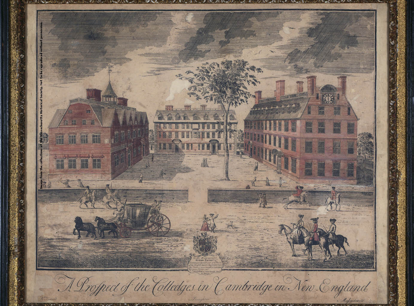 Detailed 1726 engraving showing the Harvard campus landscape