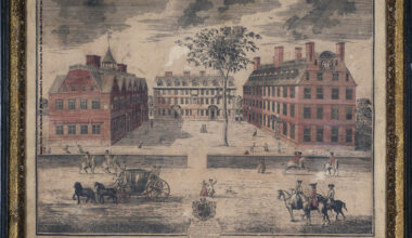 Detailed 1726 engraving showing the Harvard campus landscape