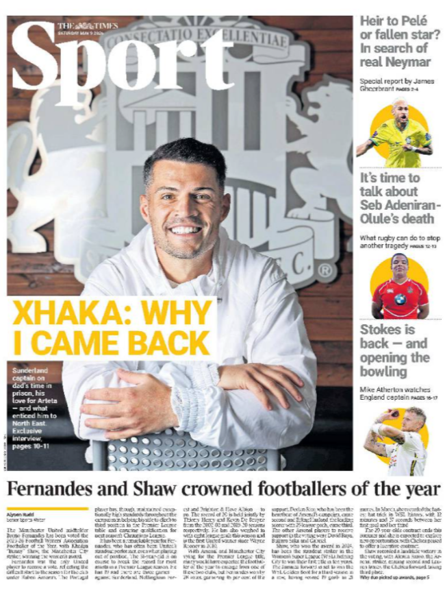 Granit Xhaka poses on the front page of the Times Sport supplement