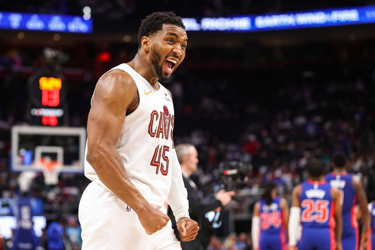 Donovan Mitchell reacts during the fourth quarter against the Detroit Pistons in Game Seven of the Second Round of the NBA Eastern Conference Playoffs.