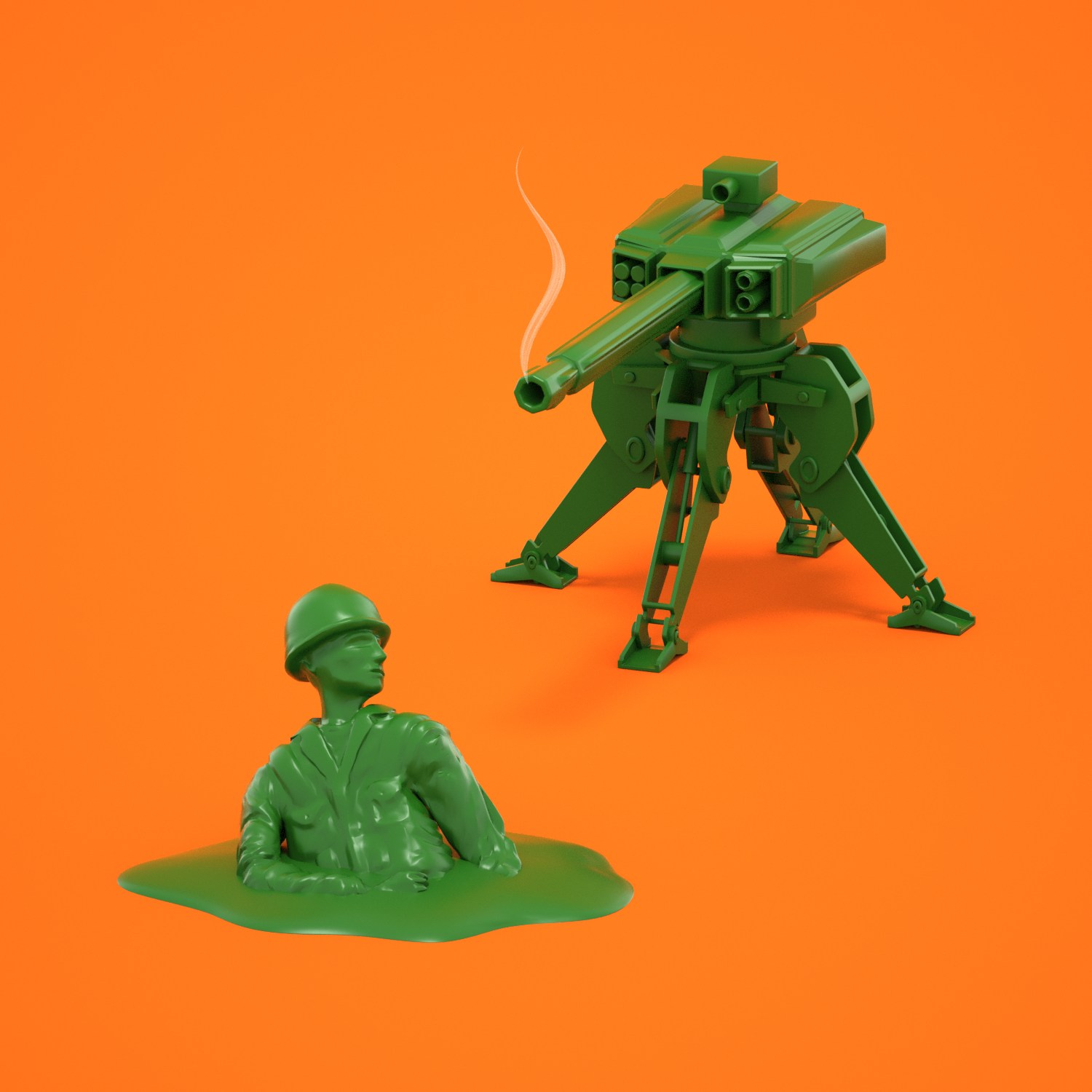 An autonomous gun with a smoking barrel, pointed at a melting plastic army man.