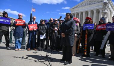 Guerline Jozef, cofounder and executive director of Haitian Bridge Alliance, spoke in front of the US Supreme Court in Washington, D.C., on March 16.