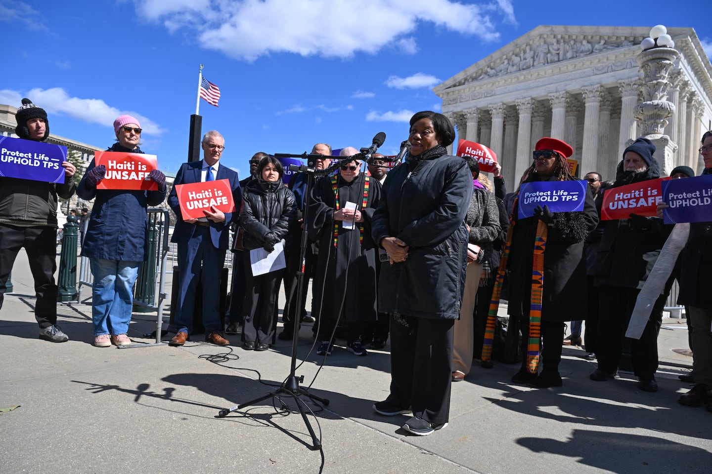 Guerline Jozef, cofounder and executive director of Haitian Bridge Alliance, spoke in front of the US Supreme Court in Washington, D.C., on March 16.
