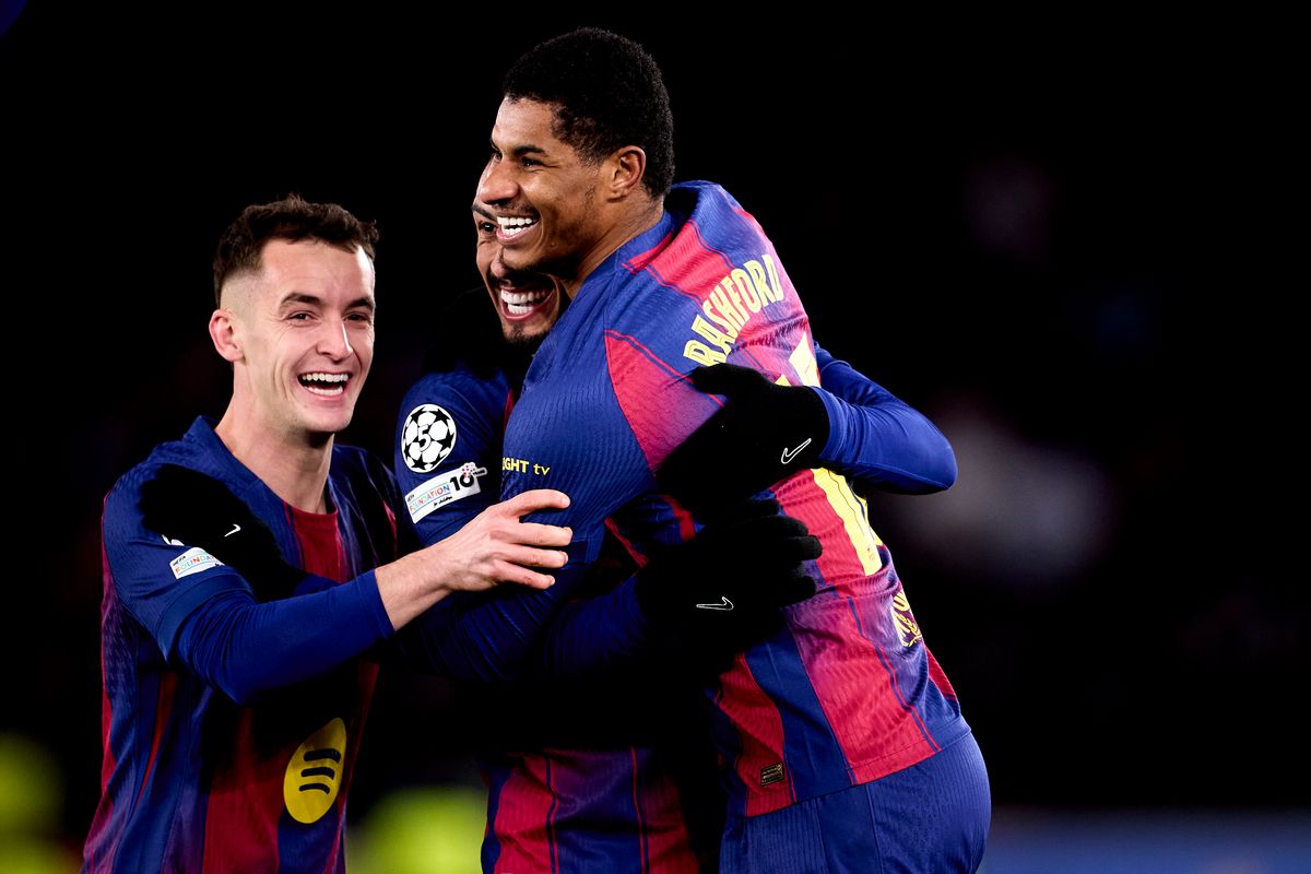 Marcus Rashford of FC Barcelona celebrates after scoring the fourth goal of his team with his teammate Marc Casado (L) of FC Barcelona during the UEFA Champions League 2025/26 League Phase MD8 match between FC Barcelona and F.C. Copenhagen at Spotify Camp Nou