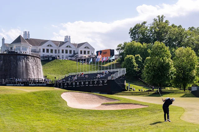 May 7, 2026; Sterling, Virginia, USA; Lee Westwood hits towards the green on the eighteenth hole during the first round of LIV Golf Virginia golf tournament at Trump National Golf Club. Mandatory Credit: John (Jack) Power-Imagn Images