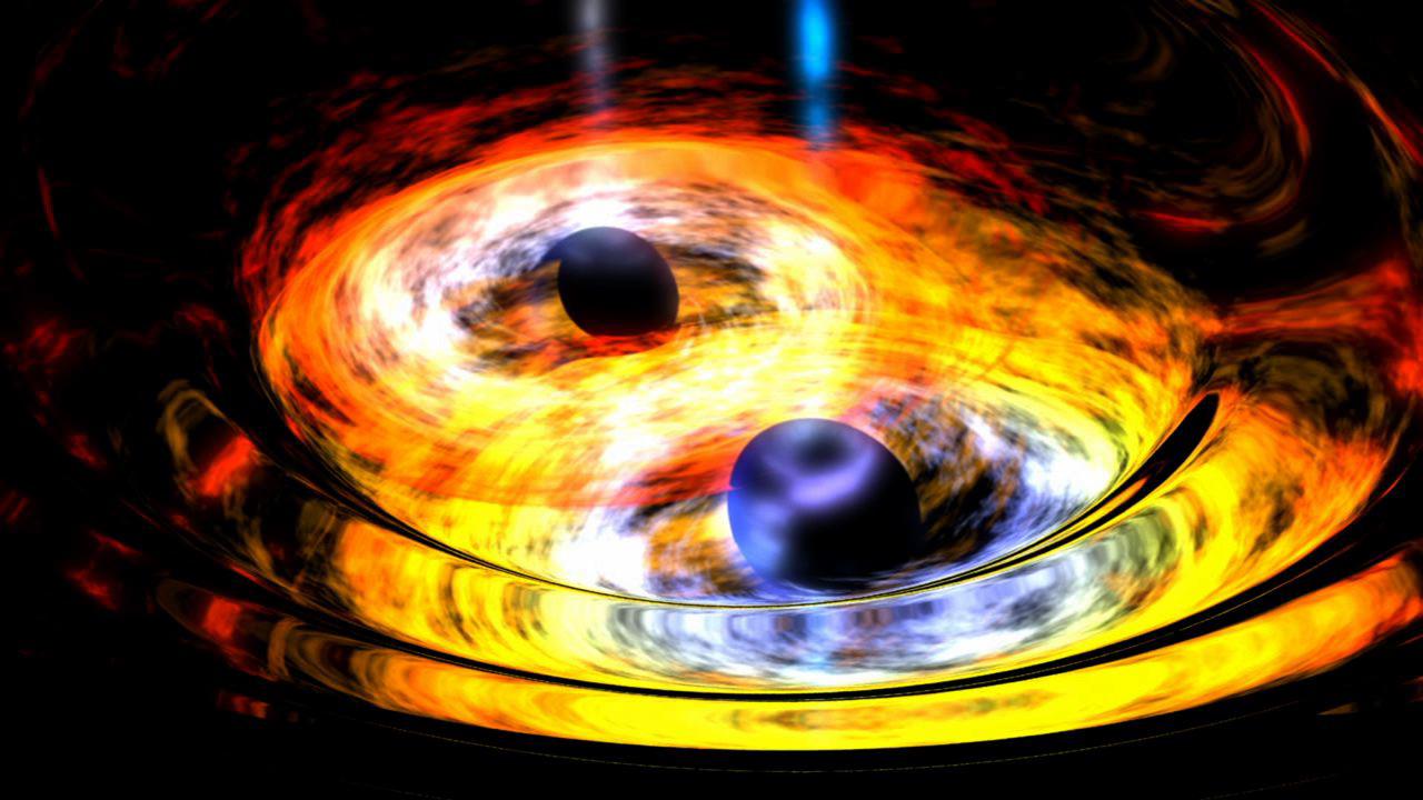 Two black circles orbiting one another amid red, yellow and orange swirls.