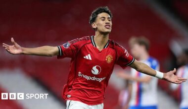 Manchester United's JJ Gabriel celebrates after scoring his side's first goal during the FA Youth Cup semi-final