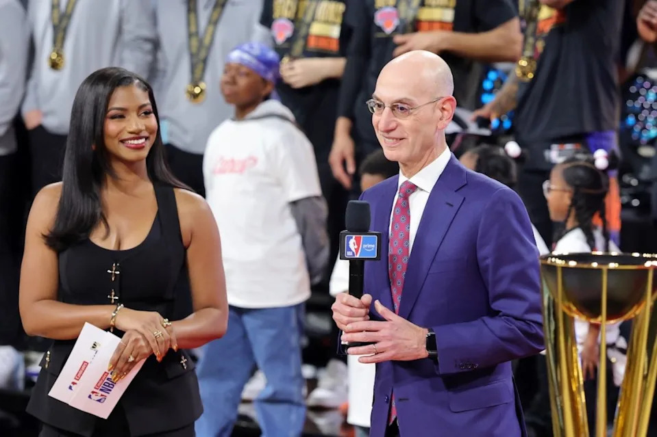 NBA Commissioner Adam Silver with journalist and broadcaster Taylor Rooks at Spurs v Knicks NBA Cup Championship Game