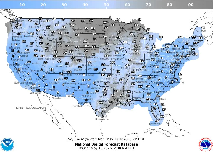 This graphic from the National Weather Service shows the cloud forecast for Monday, May 18 during a conjunction of the moon and Venus.