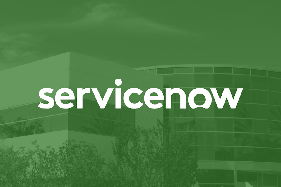 ServiceNow logo with corporate building in background.