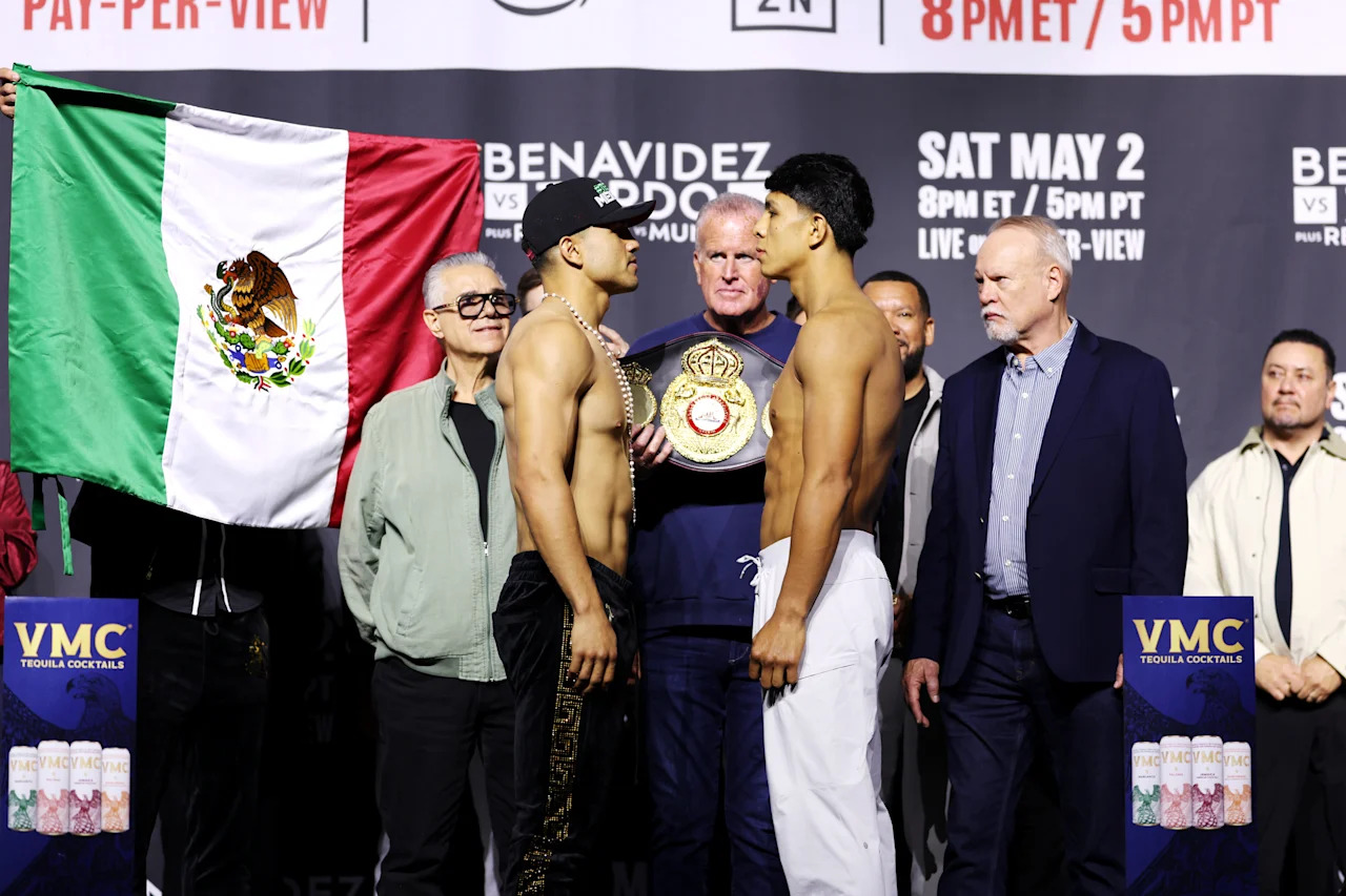 LAS VEGAS, NEVADA - MAY 01: Armando Resendiz (L) and Jaime Munguia (R) from Mexico face off prior to their fight fight at T-Mobile Arena on May 01, 2026 in Las Vegas, Nevada. (Photo by Cris Esqueda/Golden Boy/Getty Images)