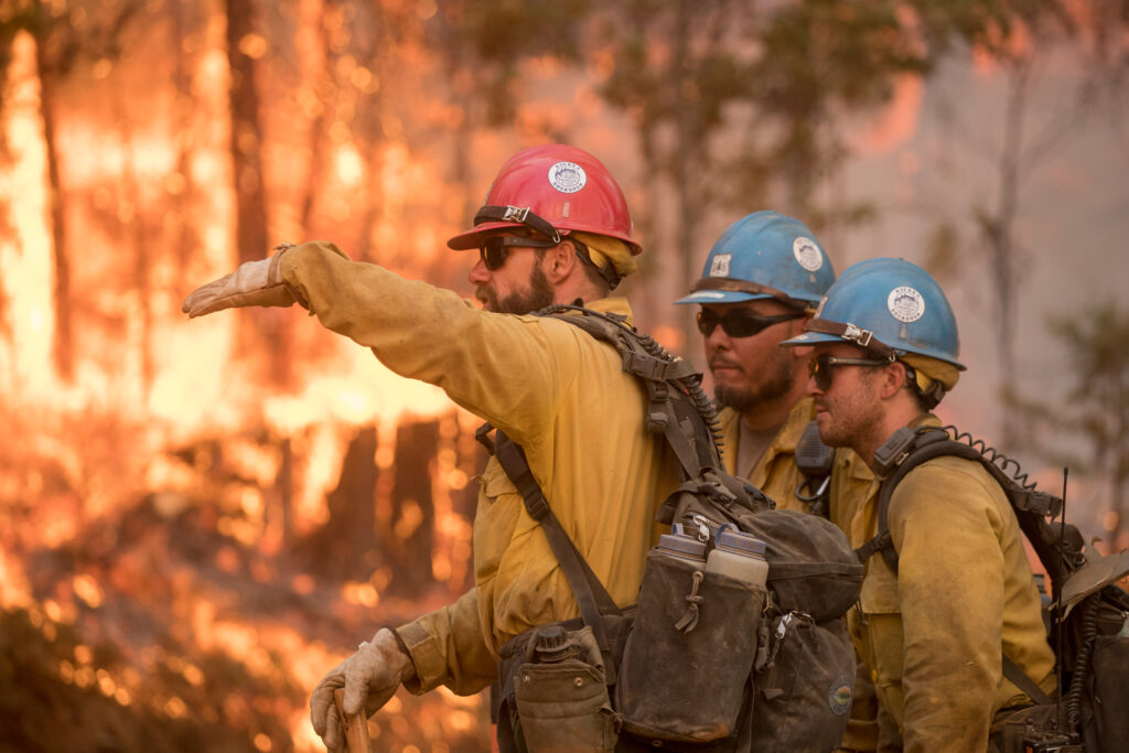 A Sierra Hotshots captain directs crew members during a burn operation near Jerseydale, Calif., as the Ferguson Fire burns in the Sierra National Forest on July 22, 2018. Credit: Kari Greer/U.S. Forest Service