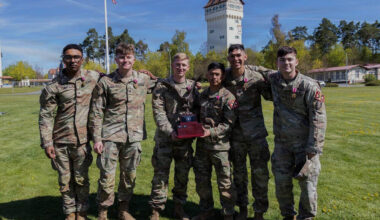 First Lt. Benjamin Flaherty of Mercer Island (third from left), stands with Staff Sgt. Jonah Mang, Sgt. Marcus Robinson, Spc. Pedro Cardona, Spc. Matthew Falone and Pfc. Cleopheus Lane of the 7th Engineer Brigade after being named the winning squad of the 2026 Best Squad Competition hosted by the 21st Theater Sustainment Command at the Grafenwöhr Training Area, Germany, on April 24. Photo courtesy of United States Army Staff Sgt. Daniel Yeadon