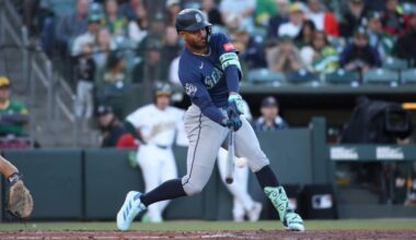 Julio Rodríguez of the Seattle Mariners hits an RBI single during the fourth inning against the Athletics at Sutter Health Park on Tuesday, May 26, 2026, in West Sacramento, California. (Scott Marshall / Getty Images / Tribune News Services)