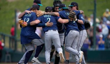 The Seattle Mariners celebrate after defeating the Athletics 9-1 at Sutter Health Park on Wednesday, May 27, 2026, in West Sacramento, California. (Thearon W. Henderson / Getty Images/ Tribune News Services)