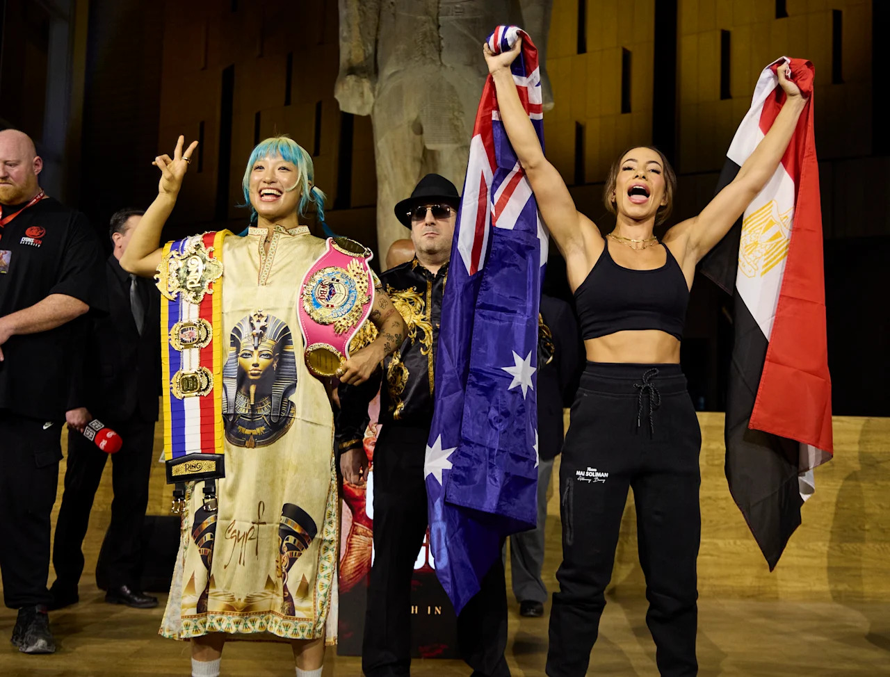 CAIRO, EGYPT - MAY 22: Mizuki Hiruta and Mai Soliman, during the Glory in Giza Weigh In at the Grand Egyptian Museum on May 22, 2026 in Cairo, Egypt. (Photo by Mark Robinson/Getty Images)