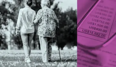 Illustration of a woman walking with her mother on the left, and a medical bill on the right.