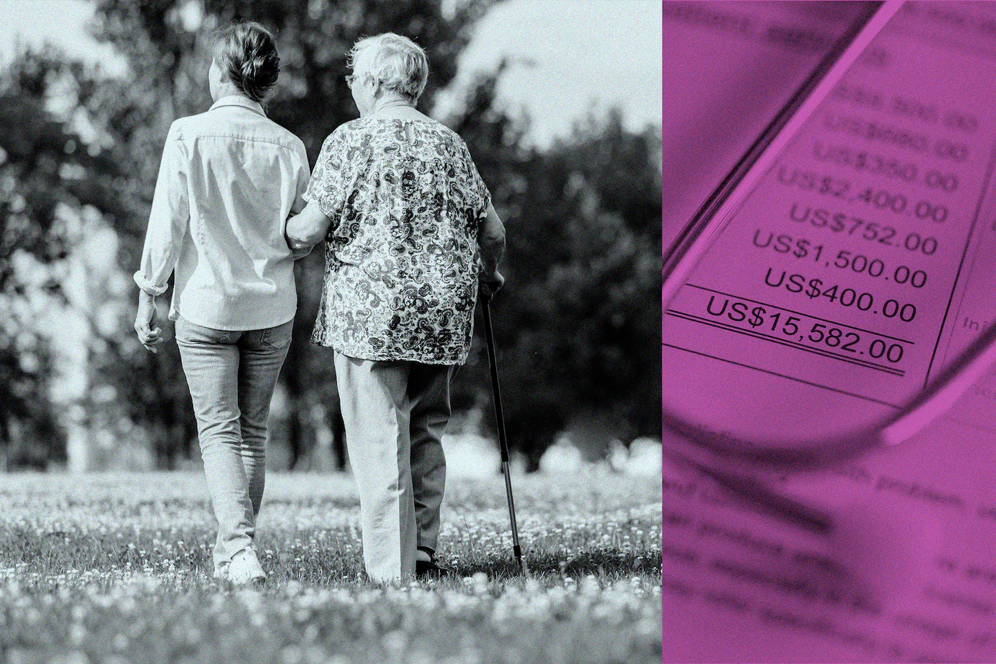 Illustration of a woman walking with her mother on the left, and a medical bill on the right.