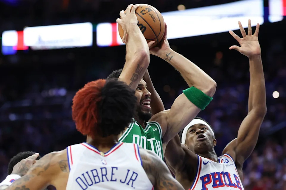 Boston Celtics forward Jayson Tatum drives for a shot against Philadelphia 76ers guard V.J. Edgecombe during the first quarter of Game 6 at Xfinity Mobile Arena in Philadelphia, Pennsylvania on April 30, 2026.