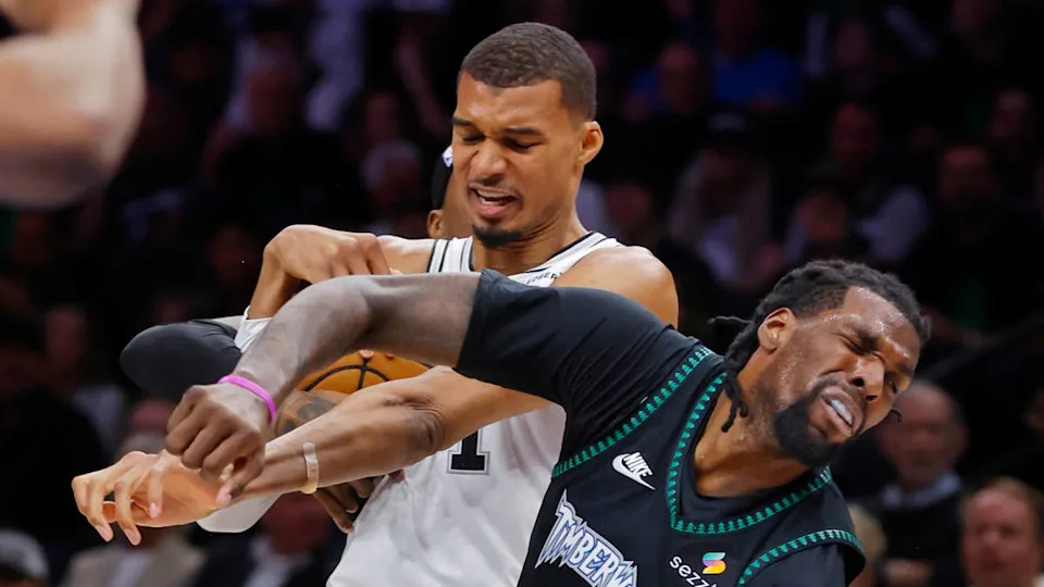 May 10, 2026; Minneapolis, <a class="link " href="https://sports.yahoo.com/nba/teams/minnesota/" data-i13n="sec:content-canvas;subsec:anchor_text;elm:context_link" data-ylk="slk:Minnesota;sec:content-canvas;subsec:anchor_text;elm:context_link;itc:0" data-yga="{"yLinkElement":"context_link","yModuleName":"content-canvas","yLinkText":"Minnesota","ySubModuleName":"anchor_text","yHasCommerce":false}">Minnesota</a>, USA; San Antonio Spurs center Victor Wembanyama (1) commits a level two flagrant foul against Minnesota Timberwolves center Naz Reid (11) in the second quarter of game four of the second round of the 2026 NBA Playoffs at Target Center. Wembanyama had to leave the game. Mandatory Credit: Bruce Kluckhohn-Imagn Images© Bruce Kluckhohn-Imagn Images&period;