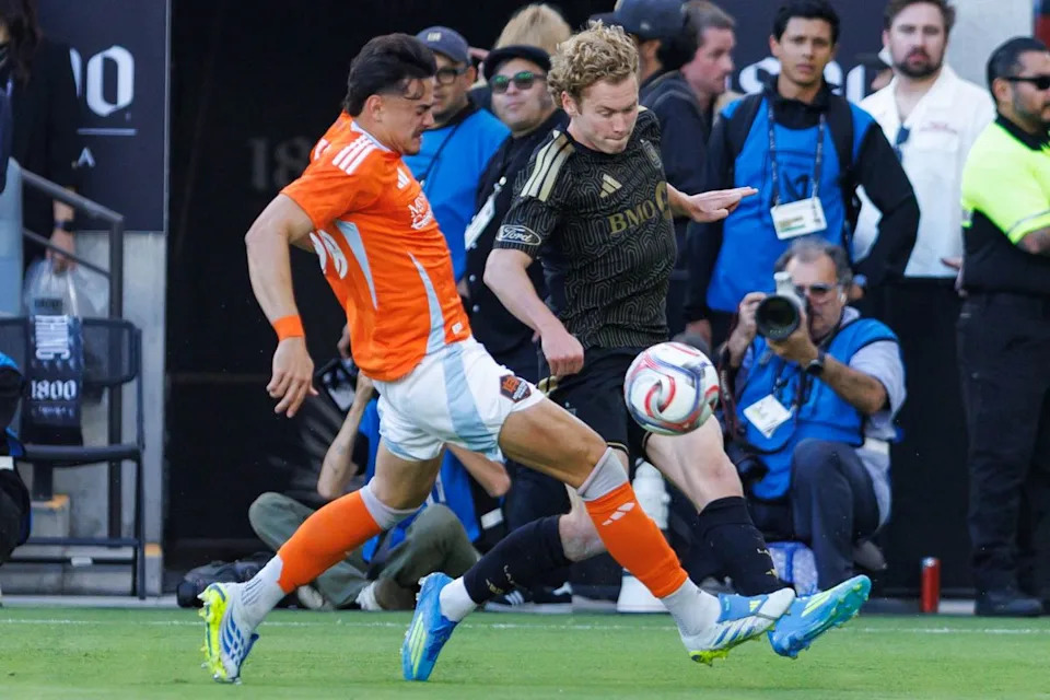 Jacob Shaffelburg #18 of LAFC receives a pass during an MLS match against Houston Dynamo FC on May 10, 2026 at BMO Stadium in Los Angeles, California.