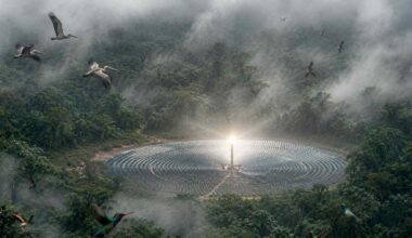 Diving birds fly towards solar panels