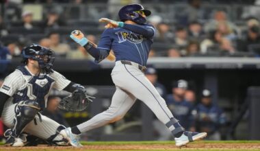 Tampa Bay Rays' Richie Palacios, right, hits an RBI single during the eighth inning of a baseball game against the New York Yankees, Friday, May 22, 2026, in New York. (AP Photo/Yuki Iwamura)