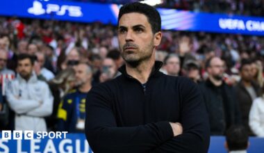 Arsenal head coach Mikel Arteta on the touchline during their Champions League semi-final first leg at Atletico Madrid