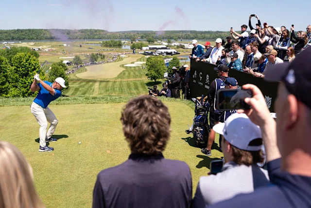 Captain Bryson DeChambeau of Crushers GC hits his shot from the first tee during the first round of MAADEN LIV Golf Virginia at Trump National Golf Club on Thursday, May 07, 2026 in Sterling, Virginia. (Photo by Pedro Salado/LIV Golf)