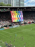 Fans display a banner at an NWSL soccer match between the Portland Thorns and the Utah Royals at Providence Park in Portland, Ore., Saturday, May 30, 2026.