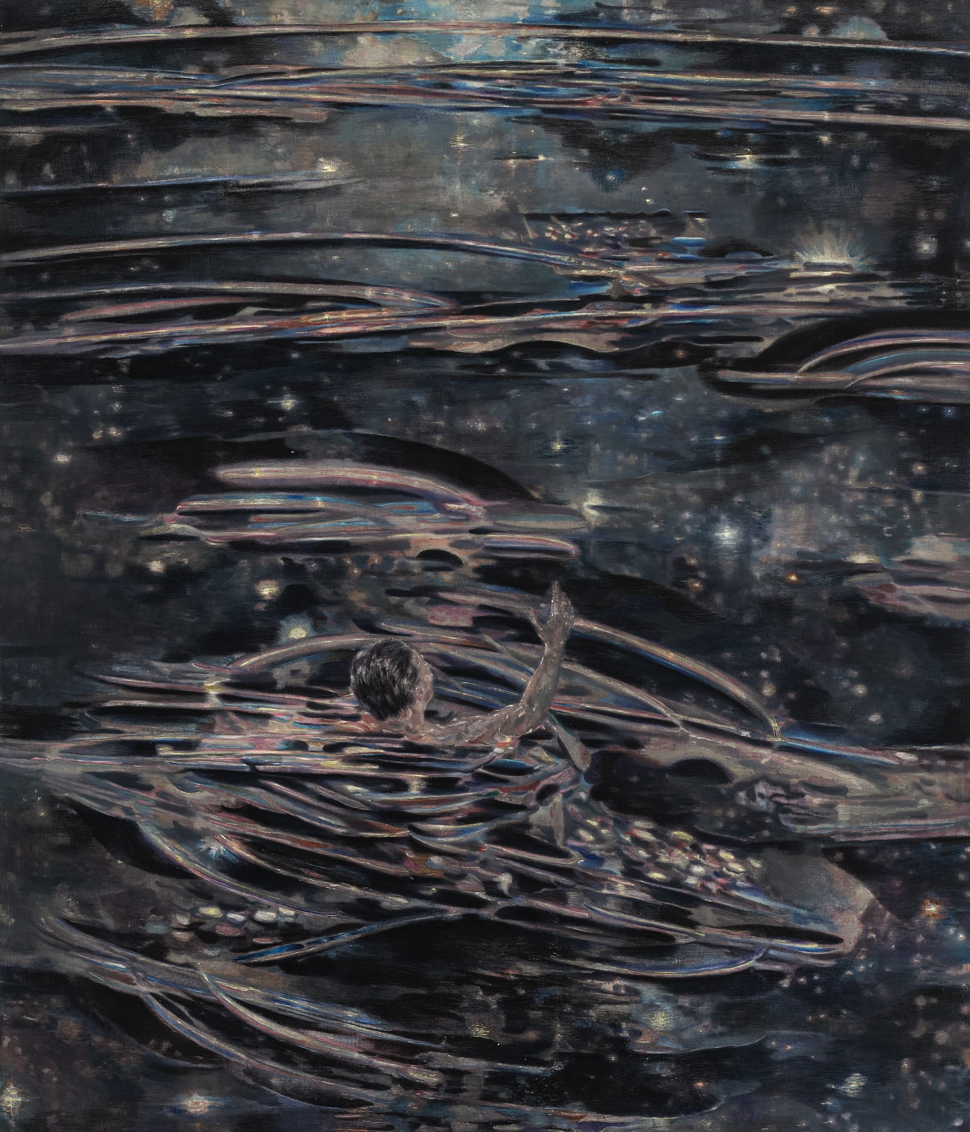 a mixed-media work by Marin Majic of a glimmering pond with a person emerging from the center