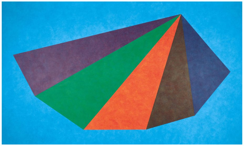 A geometric abstract painting with overlapping shapes in green, orange, purple, and brown, set against a bright blue background.