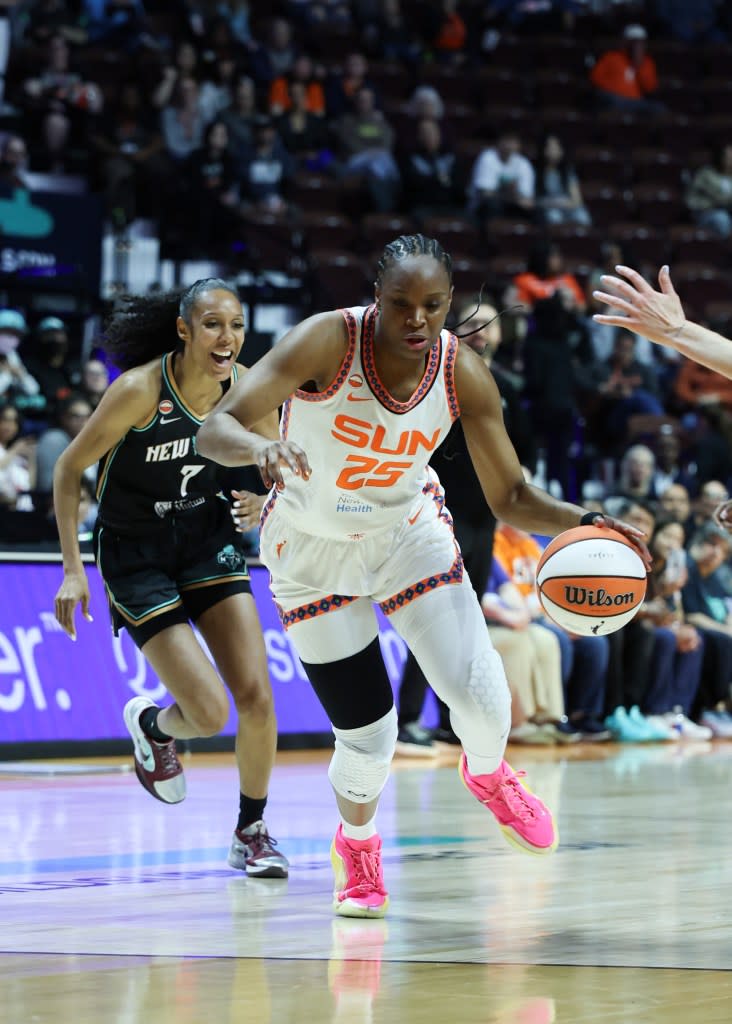 Kennedy Burke drives to the basket during the Sun’s May 3 game against the Liberty. NBAE via Getty Images