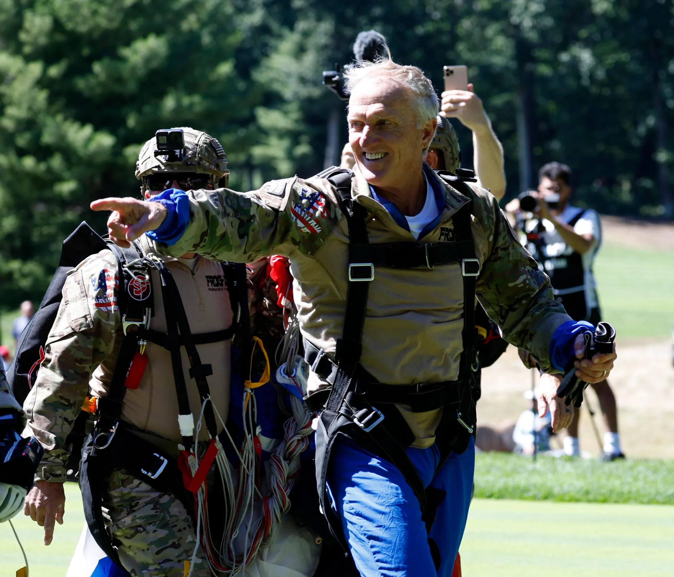 Greg Norman reacting to the crowd on the first tee box at the LIV Golf Invitational Series Boston.