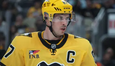 Pittsburgh Penguins center Sidney Crosby (87) looks on against the Philadelphia Flyers during the third period in game one of the first round of the 2026 Stanley Cup Playoffs at PPG Paints Arena.