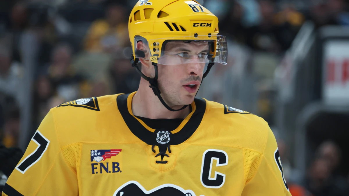 Pittsburgh Penguins center Sidney Crosby (87) looks on against the Philadelphia Flyers during the third period in game one of the first round of the 2026 Stanley Cup Playoffs at PPG Paints Arena.